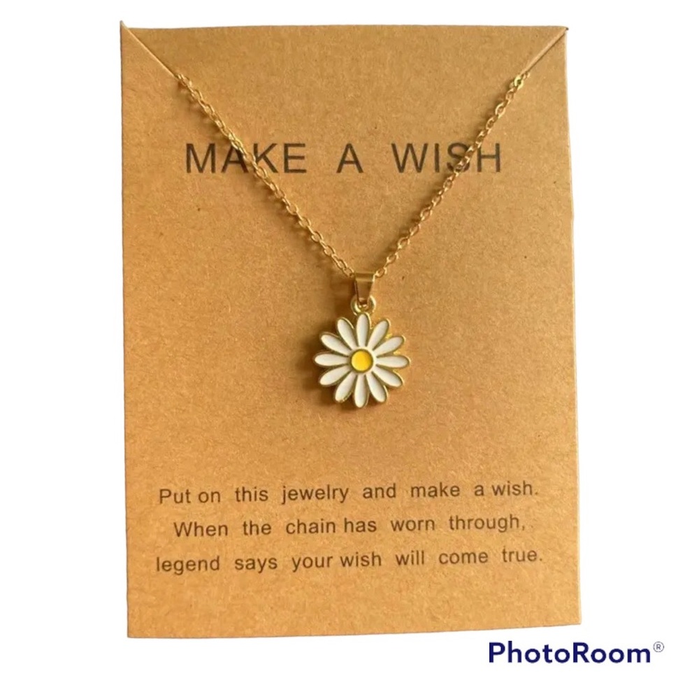 Daisy necklace gold chain retro vintage style jewelry flower 60’s w wish card